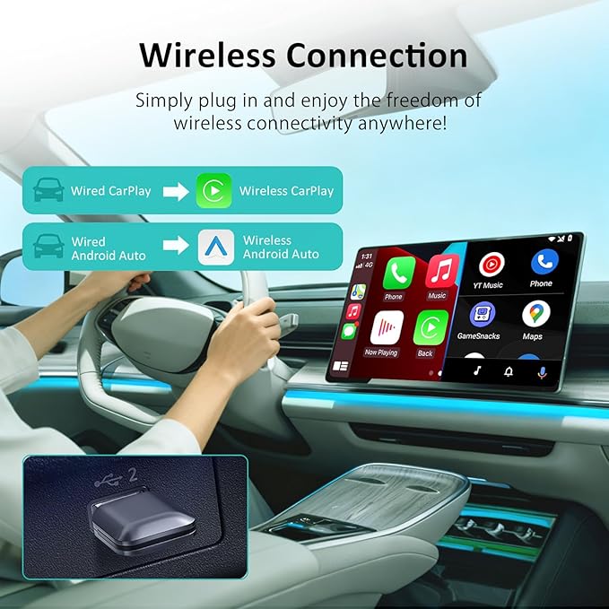 OneCarStereo Mini Wireless CarPlay Android Auto Adapter, Plug & Play, 2026 Upgrade, Convert Wired CarPlay to Wireless for iOS 10+, Fast Stable 5.8GHz Wi-Fi USB Car Play Dongle