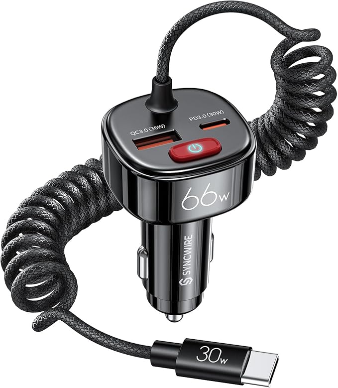 Syncwire USB C Car Charger with [Battery Leakage Prevention] 66W Super Fast Car Adapter with PD & QC 3.0 Built in 6FT Type C Coiled Cable for iPhone 17/16/15 Series, Samsung Galaxy/Google Pixel