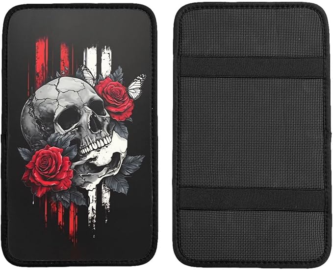 Universal Car Center Console Cushion Pad, Red Flower Skull Soft Waterproof Car Center Console Cover Auto Armrest Seat Box Cover Protector for Most Vehicle SUV Truck Car