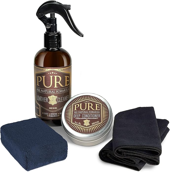 Leather Cleaner, Conditioner and Detailer Kit - Natural Beeswax Formula for Car Seat, Couch, Furniture, Purse, Boots & Jackets - Auto Interior Detailing Set - Made in USA (Basic Kit)