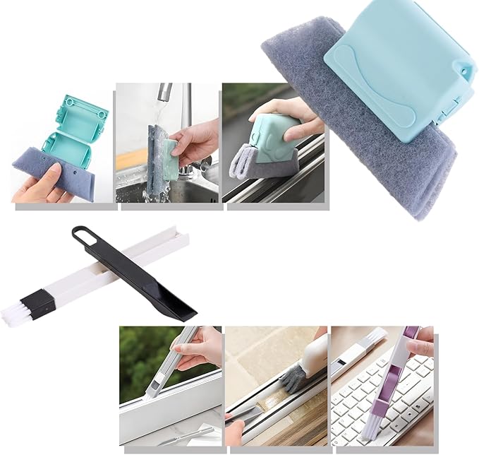 Magic Window Track Cleaning Tools Set, Window Sill Track Cleaner Tools, Clean Scraper, 3Pcs Cleaning Brush and 6Pcs Replacement Cloth, 2Pcs Clean Brush