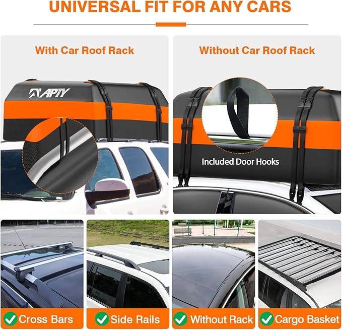 Car Rooftop Cargo Bag Carrier, 16 Cubic Feet Soft Roof Top Luggage Bag for All Vechicles with/Without Racks - with Waterproof Zip, Luggage Lock, Anti-Slip Mat, Door Hooks, Storage Bag