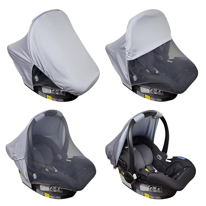 liuliuby Summer Baby Car Seat Cover | 2-in-1 Breathable Carseat Sun Shade & Mosquito Net | UV Protection Lightweight Canopy Covers for Infant Unisex | Bug Net Mesh for Warm Weather (Gray)