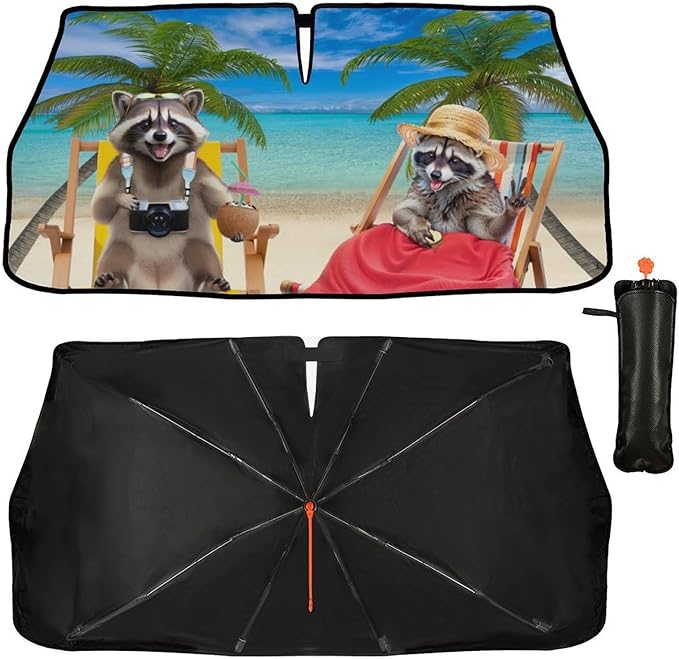 Raccoons Car Windshield Sun Shade Umbrella Beach Sunshades for Car Windshield Upgraded Hawaiian Sun Visor Protector for Sedan SUV Most Vehicles Printed Front Window Shades