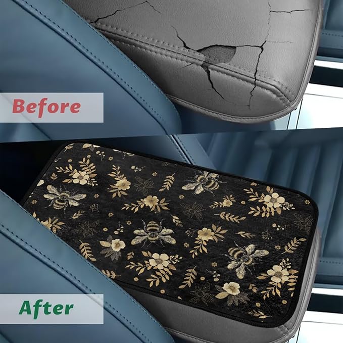 Bee Flower Center Console Cushion Comfortable Elastic Car Arm Rest Cushion Pad Full Coverage Warm Armrest Cover Center Console Cushion Fit for Cars Truck SUV or Vans