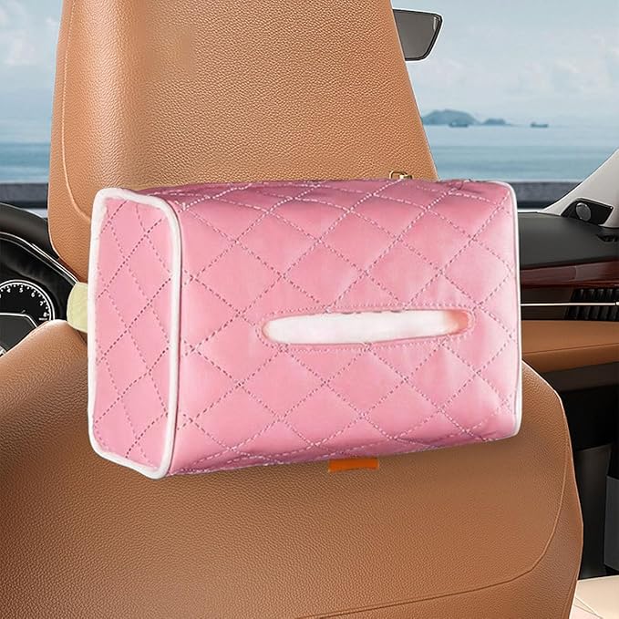 Car Tissue Holder, Soft PU Leather Auto Backseat Napkin Holder, Rectangle Hanging Tissue Box for 100-150 Standard Tissues, Universal Car Interior Storage & Organization Accessories (Pink)