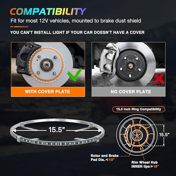 Nilight 4PCS 15.5inch Wheel Ring Lights Deram Color with APP and Remote Control Neon Lights Million Colors w/Turn Signal and Braking Function for Car Van SUV Truck