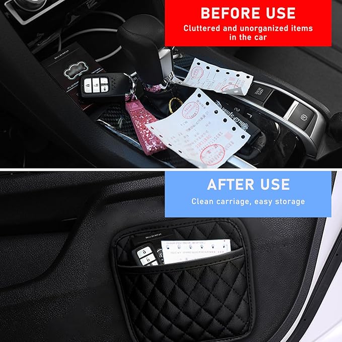 2 PCS Car Side Pocket Organizer, Waterproof Leather Self-Adhesive Automotive Storage Pocket Pouch, Universal Seat Gap Storage Bag for Phone Card Sunglasses, Car Accessories (Large)