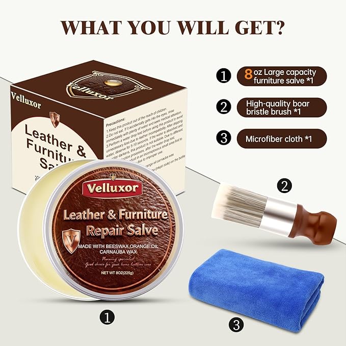 Leather Cleaner and Conditioner, Premium Wooden & Leather Furniture Repair Salve, Polisher & Moisturizer, Restores & Protects for Handbags, Car Seats, Boots, Jackets, Couch & Saddles, 8 oz