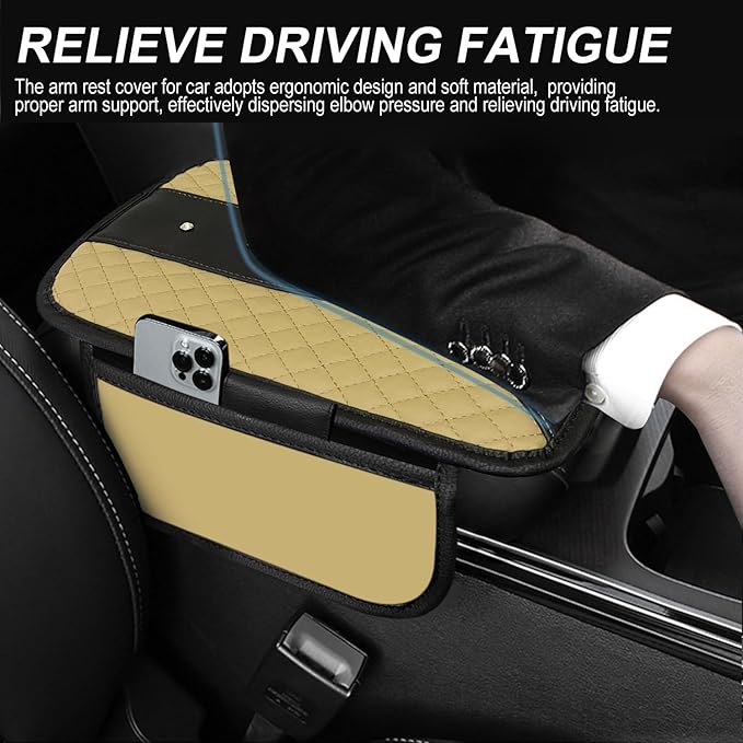 NBTEPEM Bling Crown Car Center Console Armrest Cover, Leather Middle Console Cover Cushion with 2 Storage Bags, Car Armrest Storage Box Interior Accessories for Most Vehicles(Beige)
