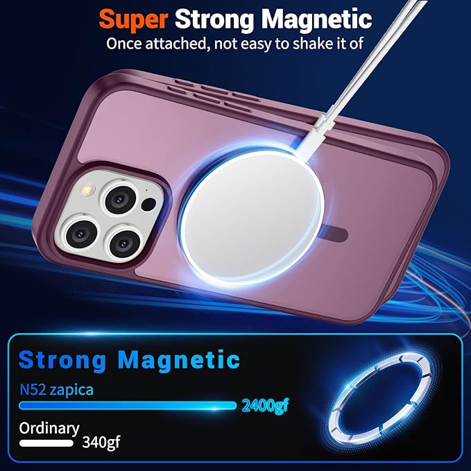 SUPFINE Magnetic for iPhone 15 Pro Max Case (Compatible with MagSafe) (Military Grade Drop Protection) Slim Translucent Matte Shockproof with Anti-Fingerprint Phone Case,Wine Red