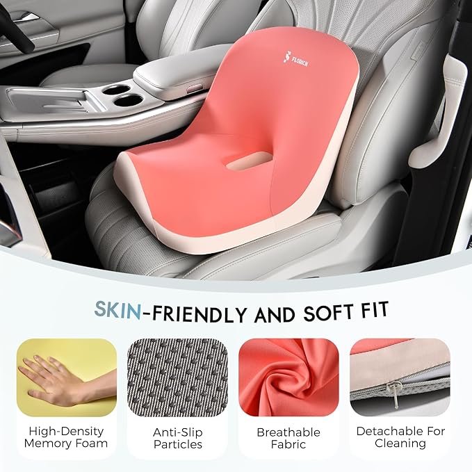 Car Seat Cushion and Lumbar Support Pillow, Larger Memory Foam Seat Cushion, Ergonomic L-Shaped Design Cushion for Back Pain Relief, Non-Slip Driving Cushion for Car, Office, Truck, Wheelchair-Pink