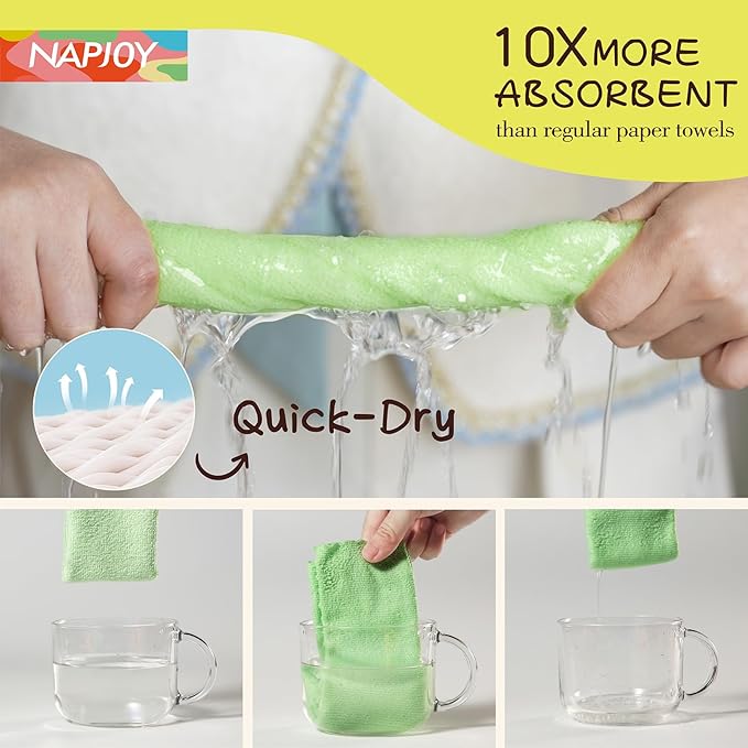 Napjoy Microfiber Cleaning Cloth Roll, 75PK Easy Tear Away Reusable Paper Towels, 12" x 12", Lint-Free and Scratch-Free with Patented Fiber Technology Microfiber Towel Roll, Green