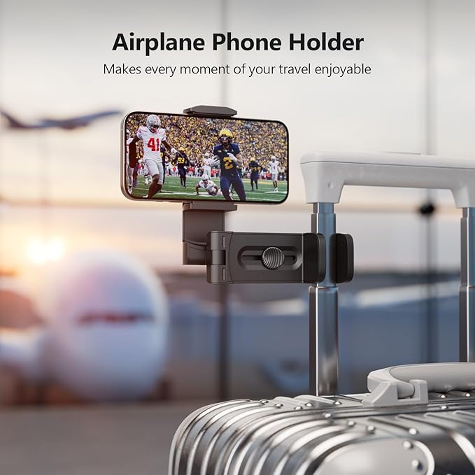 MiiKARE Airplane Travel Essentials Phone Holder, Universal Handsfree Phone Mount for Flying with 360 Degree Rotation, Accessory for Airplane, Travel Must Haves Phone Stand for Desk, Tray Table