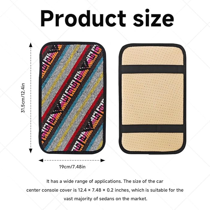 Bohemian Universal Armrest Cover Pad, Car Center Console Cushion, Boho Ethnic Style Auto Armrest Decorative Pad with Elastic Straps, Car Arm Rest Cover Protector for Vehicles (Armrest Cover-C)