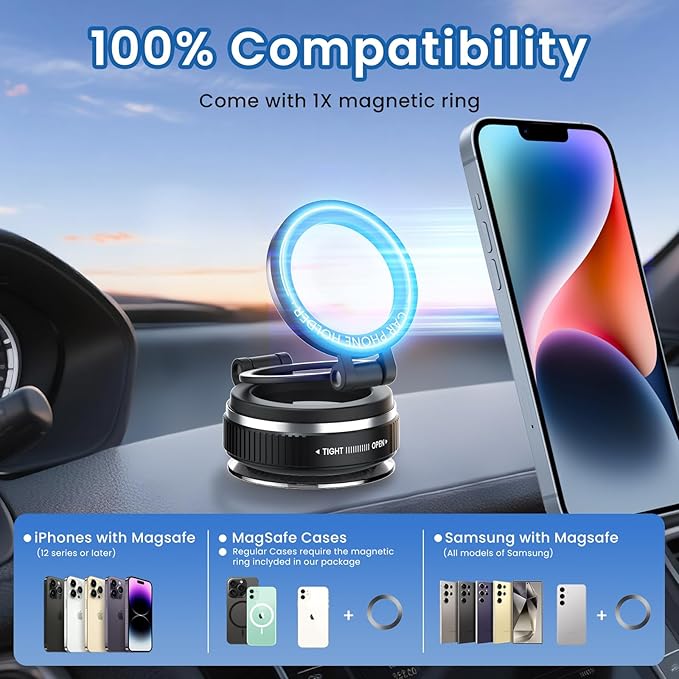 Magnetic Car Mount, [Ultra Strong Suction & Magnetic] 360° Adjustable Car Phone Holder, Vacuum Suction Cup Dashboard Mobile Stand for iPhone 17 16 15 14 13 12 Pro Max, Android and All Smartphones