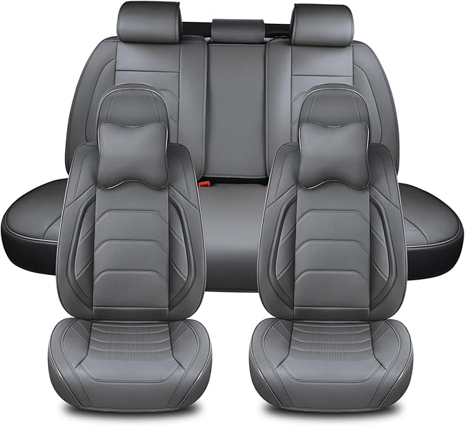 Gray Car Seat Covers Full Set, Breathable Leather Automotive Front and Rear Seat Covers & Headrest for Reduce The Driving Fatigue, Compatible with Most Vehicles, Cars