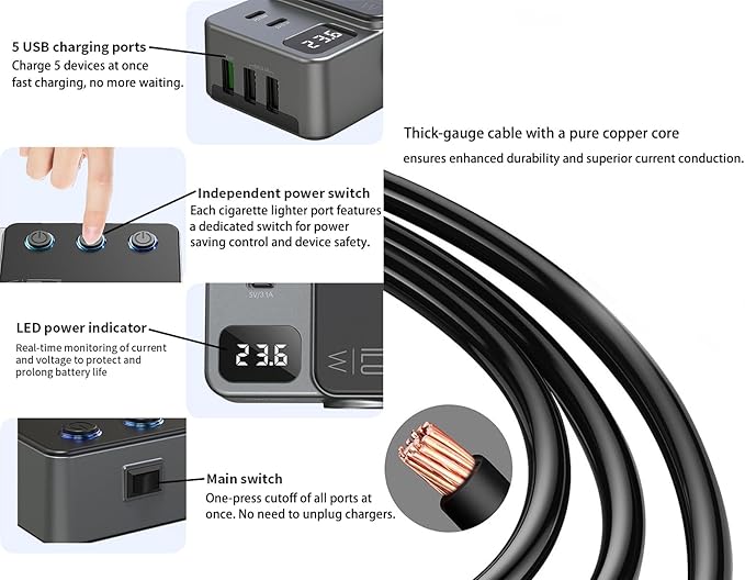 8-in-1 Car Cigarette Lighter Splitter, QC3.0 3 USB Ports & 2 Type-C PD 35W Fast & Safe Charging,3 Sockets with Independent/ Master Switches, Real-Time Voltage Display, Smart Trickle Charging, 12-24V