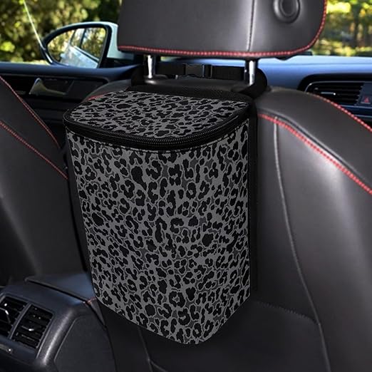 Black Leopard Car Trash Can with Lid, Cute Leakproof Car Trash Garbage Bag Hanging Vehicle Trash Bin Small Portable Automotive Garbage Cans Organizer for Back/Front Seat/Console