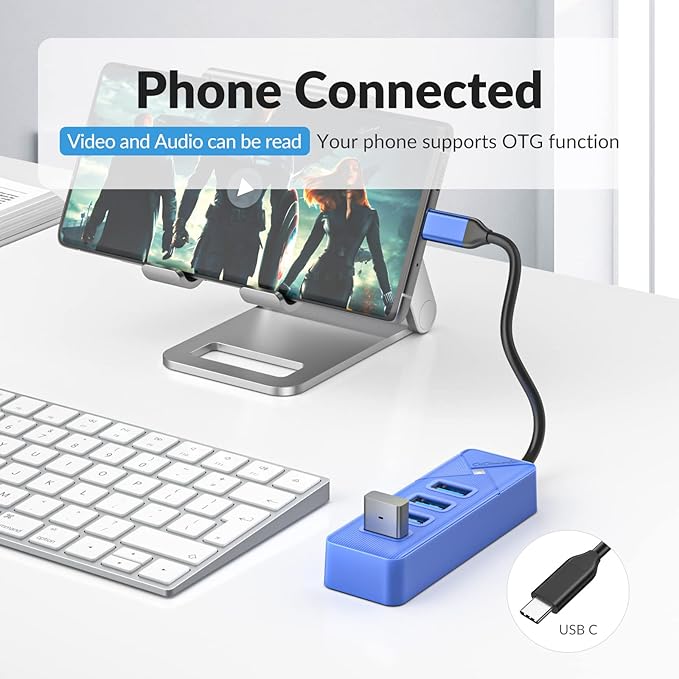 GiGimundo 4-Port USB Hub for Laptop, USB C to USB Hub Multiport Adapter 5Gbps Transfer, USB C Splitter for Laptop, MacBook Pro/Air, iPad Pro, Dell, Chromebook, Keyboard, Mouse, HDD, Blue