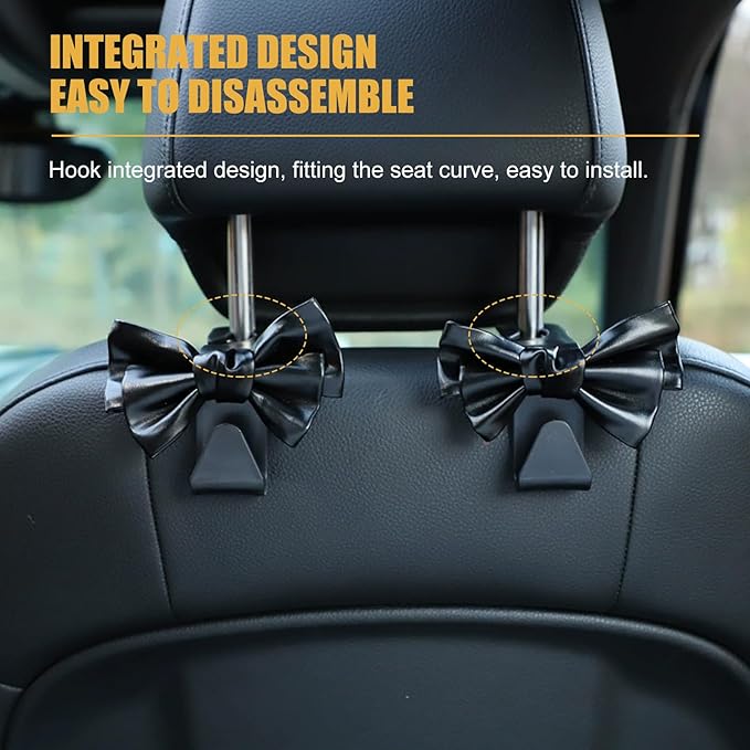 2 Pack Car Seat Headrest Hooks, Cute Bow Design Backseat Hook Storage Organizer for Purses, Handbags, Coats, Umbrellas, Cute Car Accessories for Women and Girls (Black Leather)