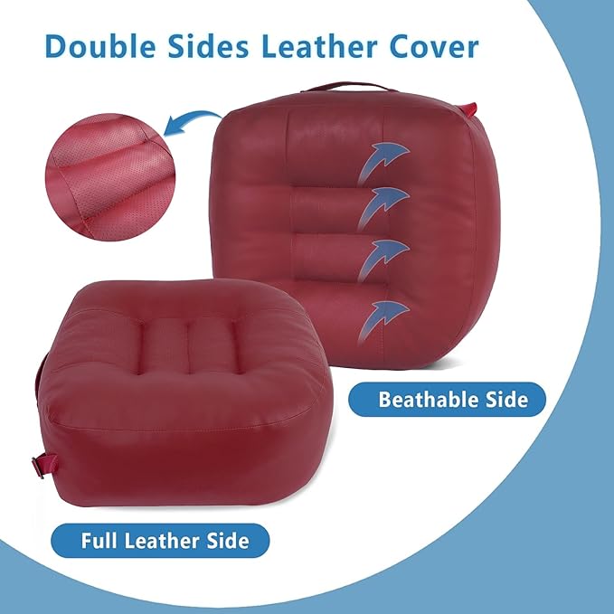YOUFI Super Thicken Leather Car Seat Cushion for Adults - Portable Angle Lift Seat Pad with Breathable Cover, Handle, and Buckle - Ideal for Trucks, SUVs, and Office Chairs (Red)