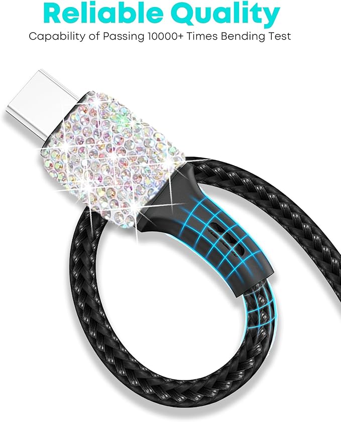 Bling USB Car Charger 5V 2.4A Multicolor Crystal Decor Dual Port Fast Adapter with 4ft Nylon Type C Micro USB 3 in 1 Multi Charging Cable for iPhone iPad Android, Auto Interior Accessories for Women
