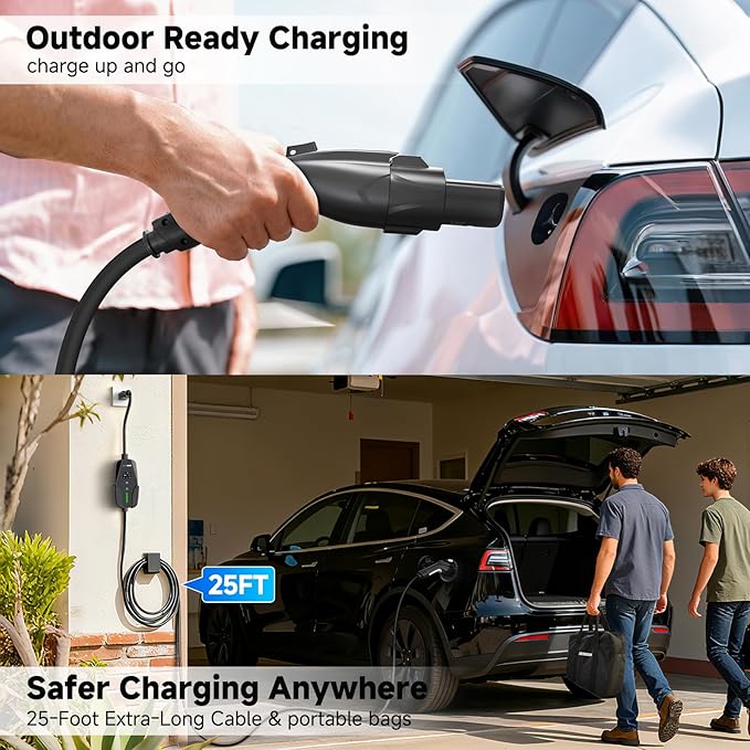 Level 1&2 EV Charger -16Amp Adjustable Current Home Charging Station with 110V-240V NEMA 6-20 Plug & 5-15 Adapter, 25FT Cable Portable Electric Vehicle Car Charger, SAE J1772 Charging Station for Home