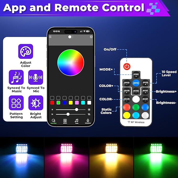 8 Pods 36 LEDs RGB Rock Lights Compatible with 12V Trucks Jeep UTV SUV ATV Boat Golf Cart,Waterproof, Multi-Color App/Remote Control Underglow Lights with Music Mode Plug and Play Easy Installation