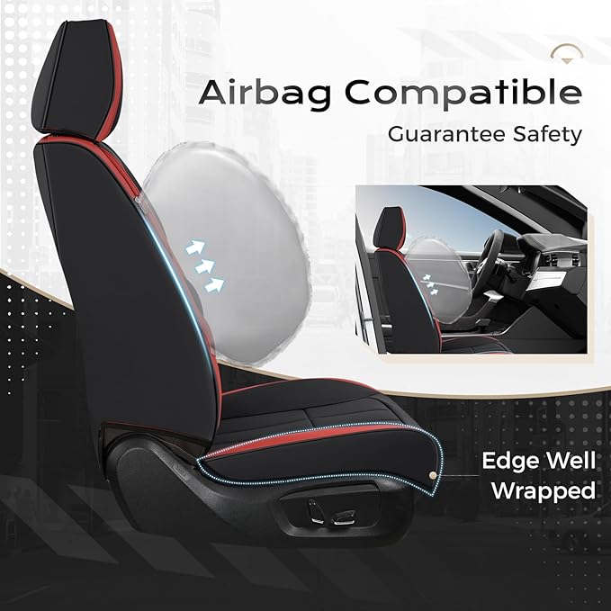 Coverado Car Seat Cover, Cover for Cars Full Seat, Premium Leather, Universal Fit Waterproof Seat Protectors, Car Seat Cushion Non-Slip for Most Cars-Black Red