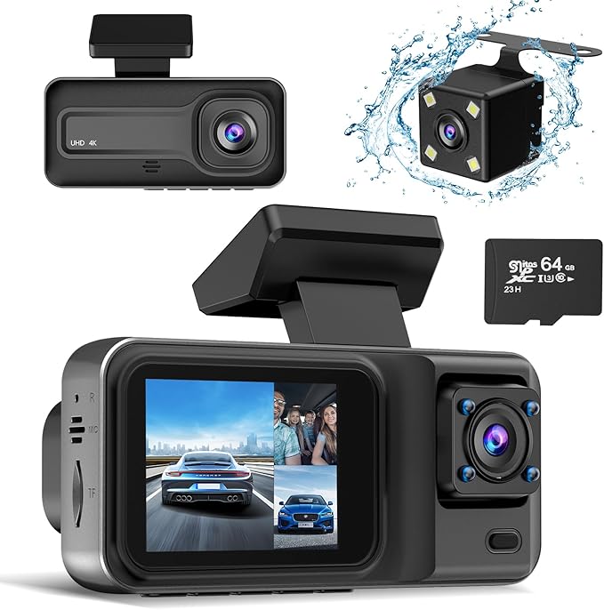 4K 3 Channel Dash Cam with 64GB Card, 4K+1080P+1440P Dash Cam Front and Rear Inside, Dash Camera for Cars with Motion Detection, 24H Parking Mode, Super Night Vision, Loop Recording