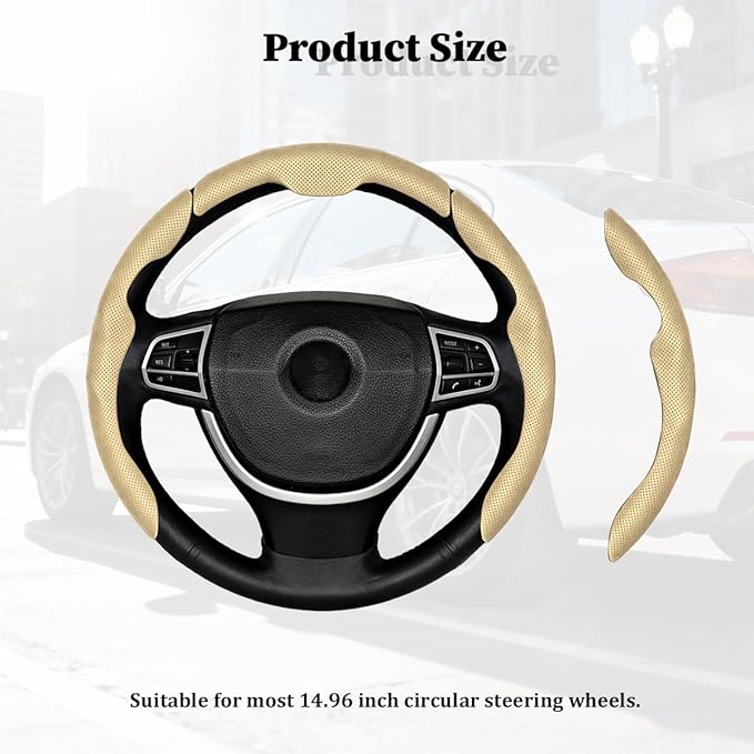 3PCS Car Steering Wheel Cover, Nappa Leather Breathable Non-Slip Segmented Steering Wheel Protector, Snap-on Auto Interior Decoration Accessories, Universal Fit (Beige)
