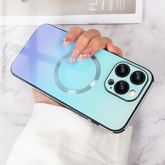 Guppy Compatible with iPhone 13 Pro Max Case Magnetic, with Full Camera Lens Protector [Compatible with MagSafe] Scratch Resistant Gradient Glass Back Cover Phone Case-Blue