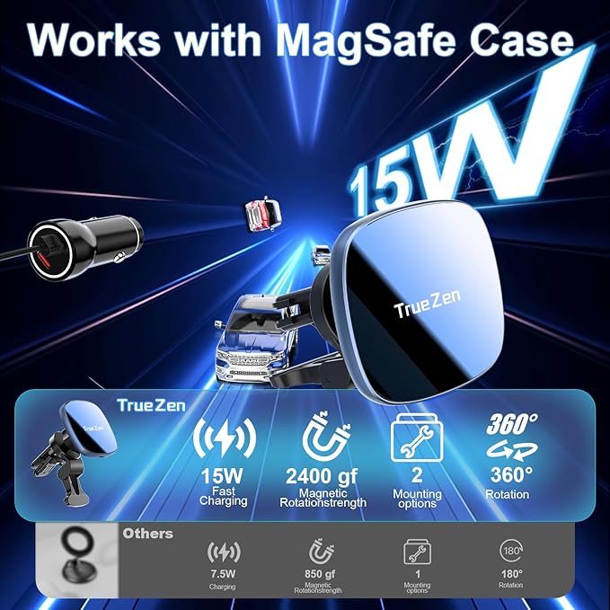 for MagSafe Car Mount with USB C Car Charger & Dual USB-C Car Power Adapter,Air Vent Dashboard Wireless Charger Phone Holder Mount for iPhone Air 17 Pro Max 16 15 14 13 12, Galaxy S25, Fast Charging