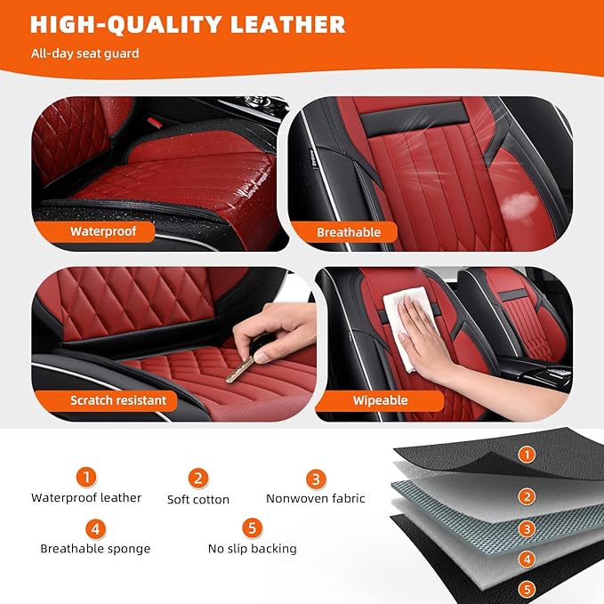 KEYOOG 2-Seater Waterproof and Breathable Nappa Leather Car Seat Covers Full Set, Fit for Front Seats of Cars, Compatible with Airbags, Car Seat Protector Covers for Most Cars - Black Red