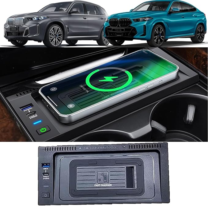Wireless Car Charger with 15w Wireless and 27w USB Qc 3.0 Fast Charging for BMW X5/X6 2014-2018 Center Console Charging Pad Mat Interior Accessories