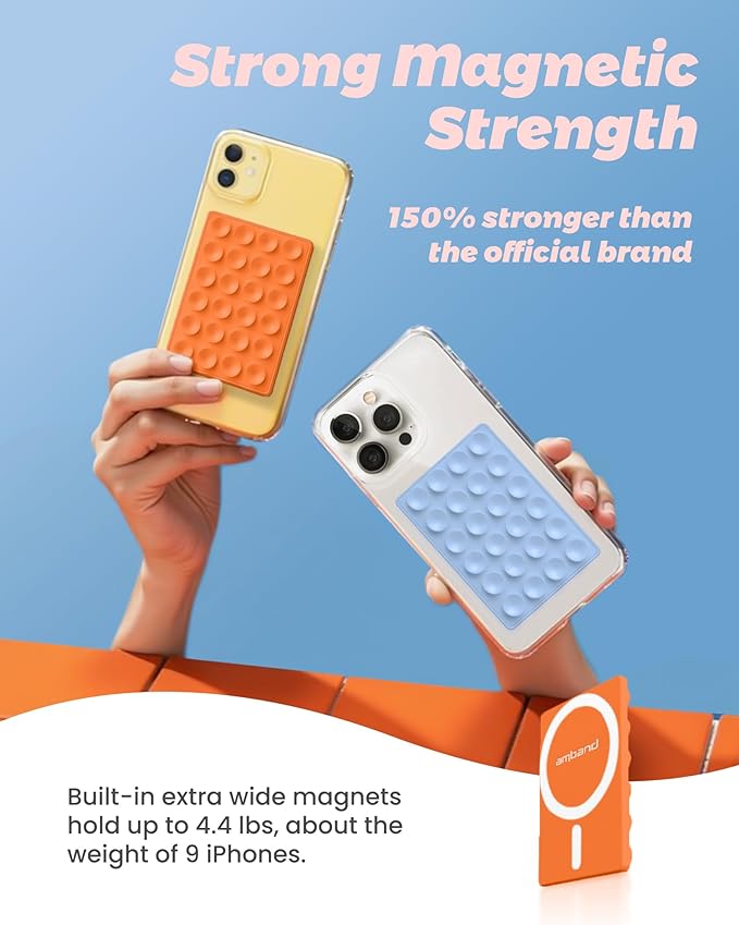 amBand Magnetic Sticky Phone Suction Grip for MagSafe, Removable for Wireless Charging, Durable Magnet Silicone Portable Mount Stand for iPhone 12 13 14 15 16 17, Hands-Free Video/Selfie, Orange