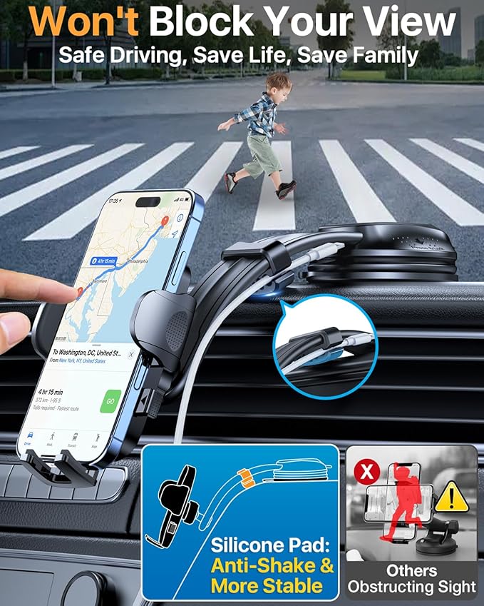 HTU [True Military-Grade Car Phone Holder [2025 Upgraded Strongest Suction & Vent Clip] Cell Phone Car Mount for Dashboard Windshield Vent Truck Cradle Dash Stand,(Black)
