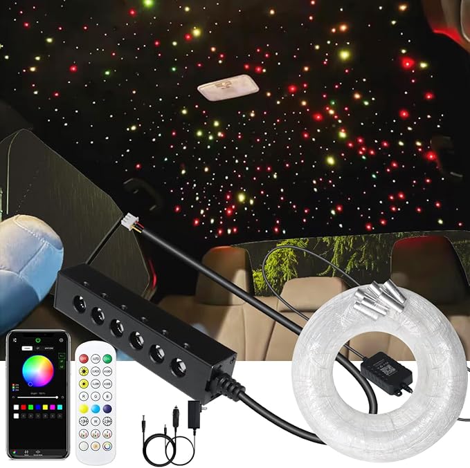 AZIMOM 6LED Colorful Fiber Optic Starlight Headliner Kits 240pcs*0.03in*9.8ft Fiber Strands APP& Remote Control Mix Color Chase Timing Fiber Optic Star Light for Car Home Sky Star Decoration