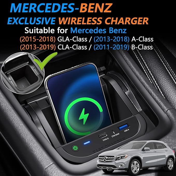 Wireless Car Charger for Mercedes-Benz A-Class B-Class GLA CLA 2013-2019 W176 W246 X156 C117 Accessory, 15W Fast Charging Phone Charger Pad with 27W USB-A & Type-C Port for iPhone Galaxy