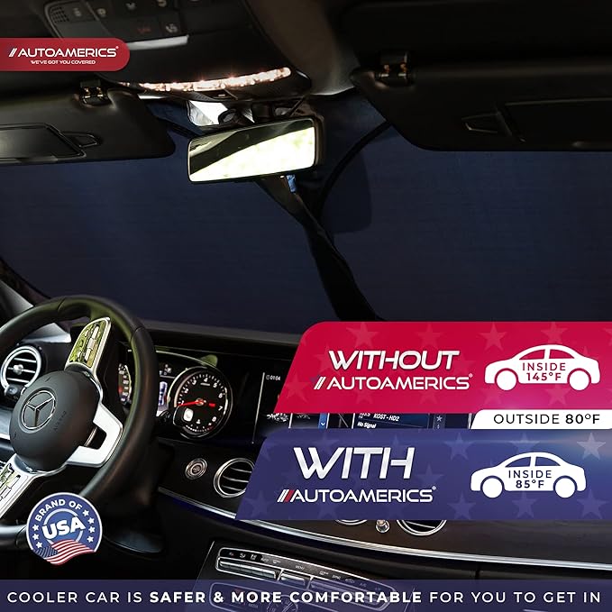 Autoamerics 1-Piece Windshield Sun Shade - Metallic Blue Foldable Car Front Window Sunshade for Most Cars SUV Truck Heat Blocker Visor Protector Blocks Max UV Rays and Keeps Your Vehicle Cool - Medium