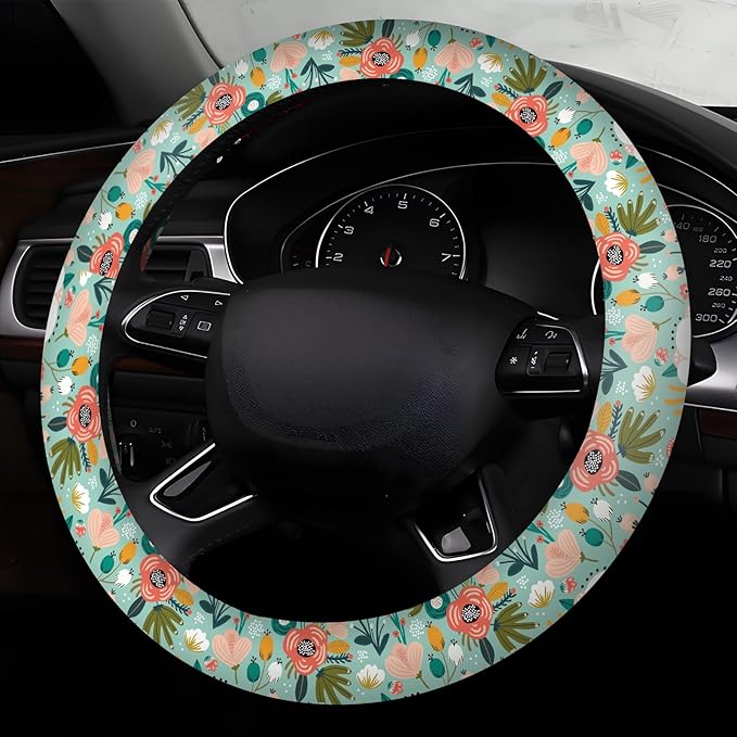 Car Steering Wheel Cover, Universal 15 Inch Neoprene Non-Slip Steering Wheel Covers, Funny Car Accessories for Women Men Fit Auto, Suvs, Truck Cute Green Floral