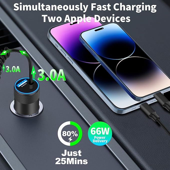 [Apple MFi Certified] iPhone Car Charger Fast Charging, Braveridge 4.8A USB Power Cigarette Lighter Car Carplay Charger Adapter with 6FT Coiled Lightning Cable for iPhone 14 13 12 11 XS XR X 8 SE iPad