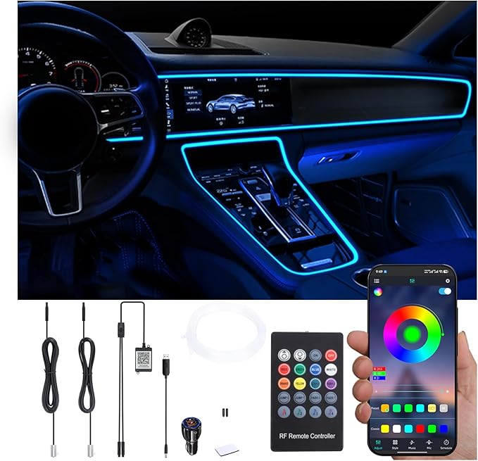 USB Car Ambient Lighting Optic Fiber 64 Colors Music Sound Active with APP Control Car Decorative Atmosphere Lighting Kit DC 12V 1W 3m with QC 3.0 car Charger