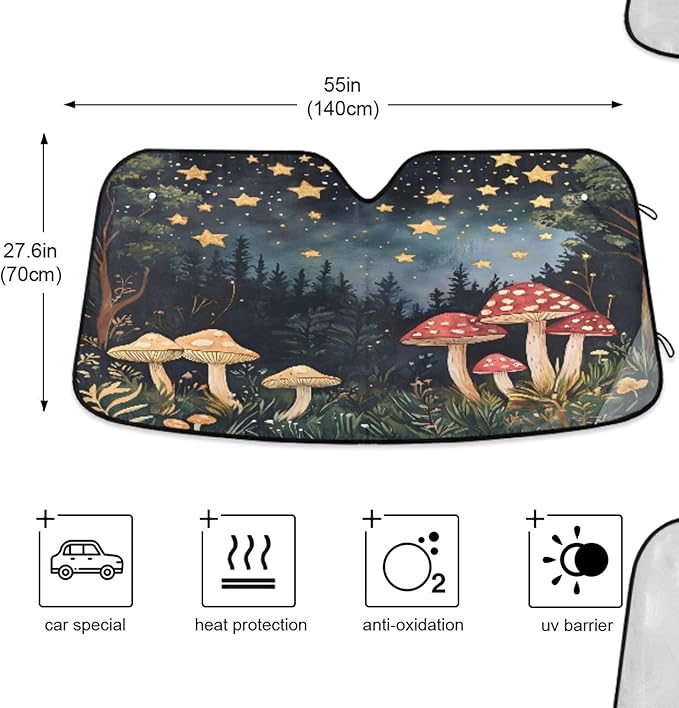 xigua Whimsical Mushrooms Car Windshield Sunshade Foldable Front Window Sun Visor Protector for Car,SUV,Truck - Keep Vehicle Cool,55 x 27.6 Inch