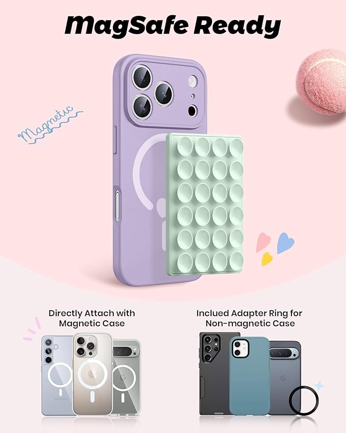 amBand Cute Preppy Stuff Silicone Suction Cup Phone Mount, Detachable Sticky Grip Holder for MagSafe Case, Easy to Use Video Accessories for Yoga/Dance/Call/Fitness, Matcha Green