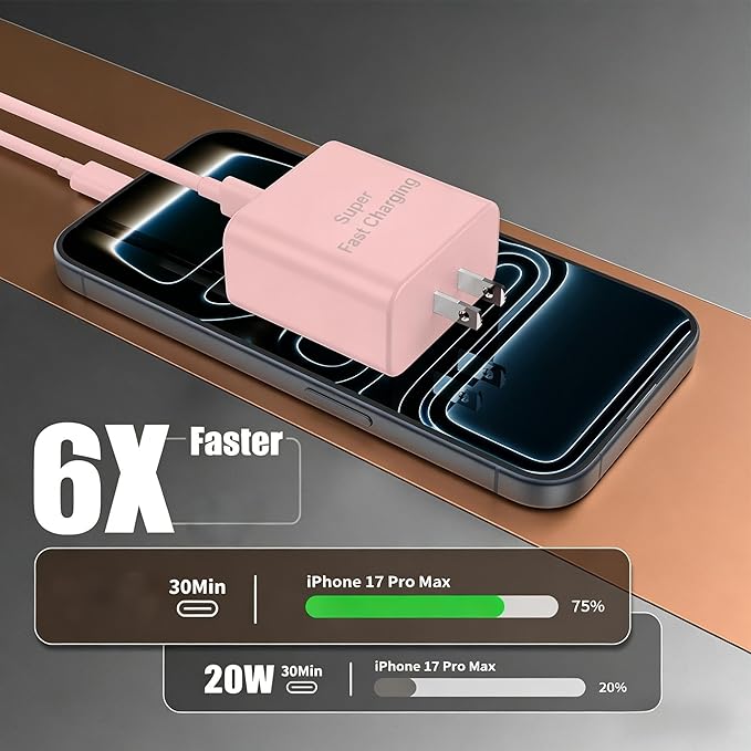 iPhone 17 16 Pro Max Charger Fast Charging, Super Fast USB C Chargers for iPhone 17(6FT+6FT+10FT) Type C Chargers Cord with Fast Charger Block for iPhone 17/16/15 Series/iPad/ GalaxyS26/S25/S24 Pink