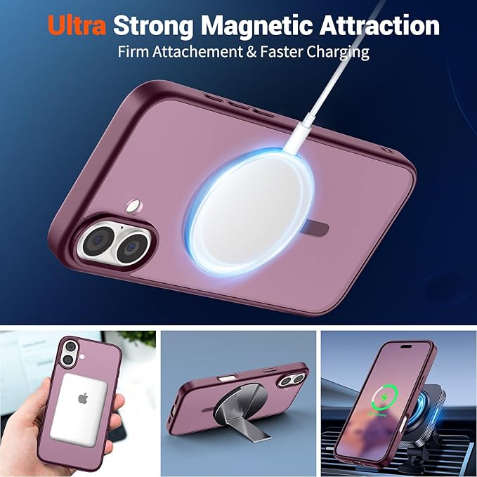 SUPFINE Magnetic for iPhone 16 Case (Compatible with MagSafe) (Military Grade Drop Protection) Slim Translucent Matte Shockproof with Anti-Fingerprint Phone Case,Wine Red