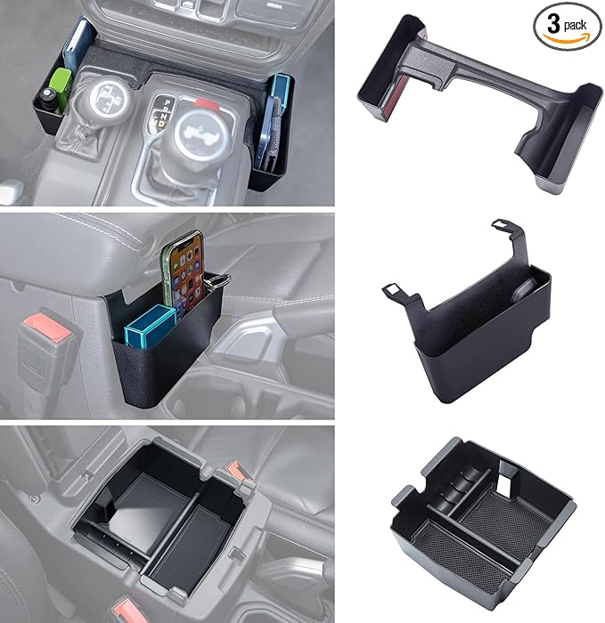 3PCS Center Console Organizer Tray Box Compatible with 2018-2025 Wrangler and 2020-2023 2024 2025 Gladiator Gear Shift Organizer Armrest Accessories Hanging Box（Not for JK/JKU）
