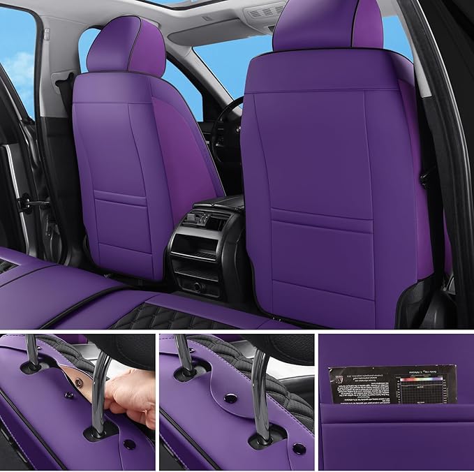 Car Seat Covers Front Seat Purple Black, Luxury Faux Leather Waterproof Non-Slip Seat Protector Universal Fit for Most Cars SUVs Trucks Pick-ups,Car Interior Accessories（Purple Black-Front）